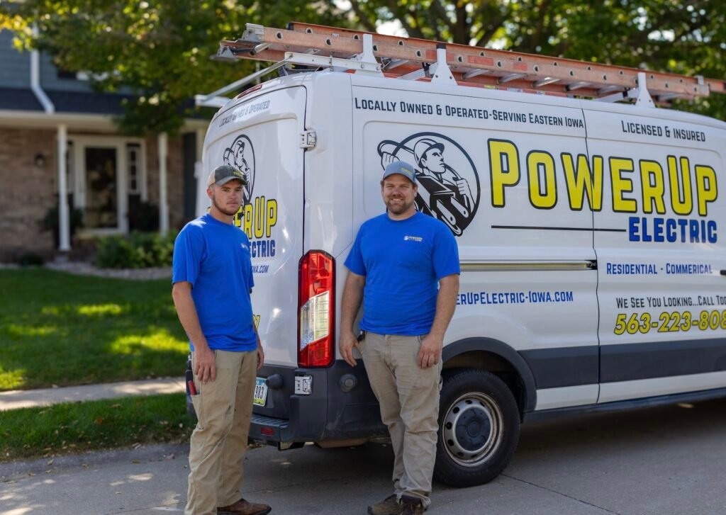 Rock Island electrician team standing in front of service vehicle at a residential home